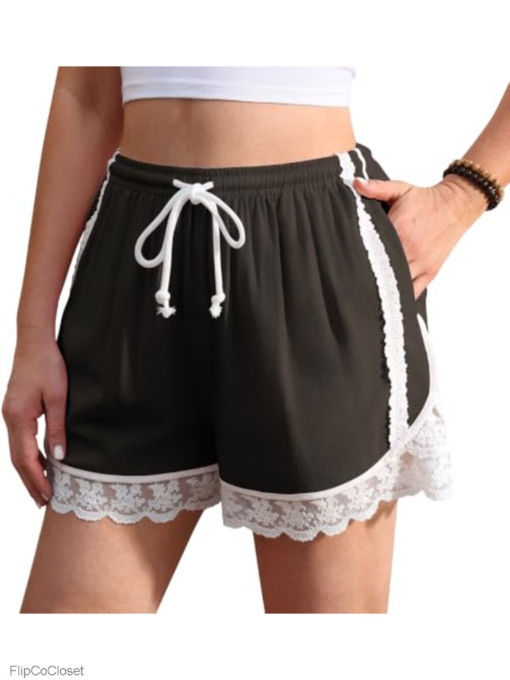 Linen Lace Trim Drawstring Casual Lounge Summer Beach Shorts